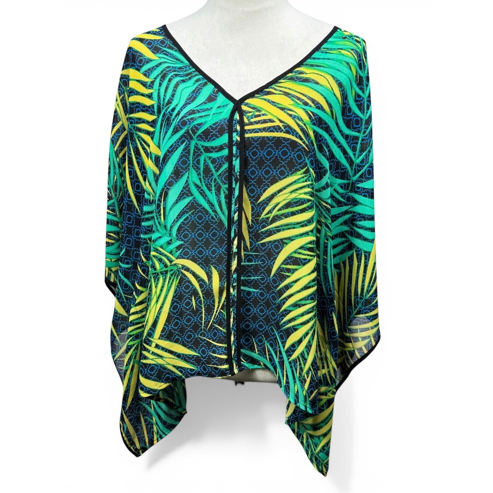 Miss Tina Sheer‎ Tropical Leaf Kimono Top Green Blue Palm Print Boho ResortL